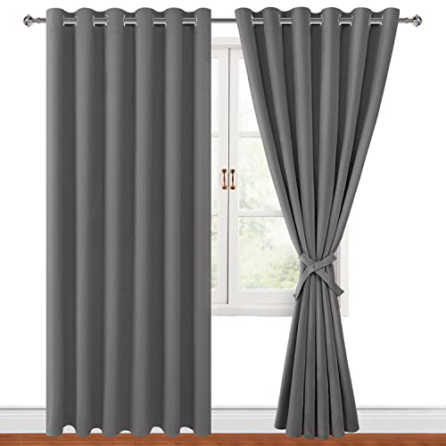 Hiasan Grommet Blackout Curtains for Bedroom, 70 x 84 Inches - Thermal Insulated & Light Blocking Window Drapes for Living Room/Dorm Room, Set of 2 Panels Sewn with Tiebacks, Light Grey