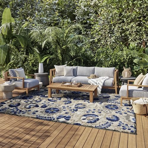 NOURISON Aloha Indoor/Outdoor Floral Natural/Blue 7'x10' Area Rug (7' x 10')