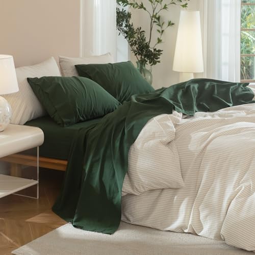"JIYUAN Full Washed Cotton Sheet Set, 4-Piece, Relaxed Linen Feel - Deep Pocket Fits Mattresses up to 17"". Flat Sheet & 2 Pillowcases. Naturally Soft & Breathable. Machine Washable."
