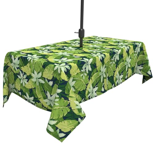 "TWELAR Outdoor Rectangle Tablecloth with Umbrella Hole and Zipper,Water Repellent and Fade Resistant Outdoor Table Covers for Picnic/Patio Garden/Party,60""x84"",Jungle Leaves"