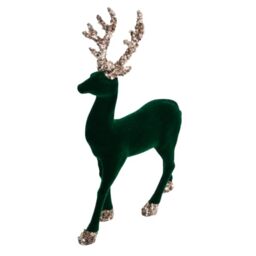 Christmas Velvet Reindeer Figurine 35cm - Emerald Green Flocking Deer Ornament with Sequin Glitter Antlers - Festive Table Decoration for Mantel, Shelf, Centerpiece and Home Décor