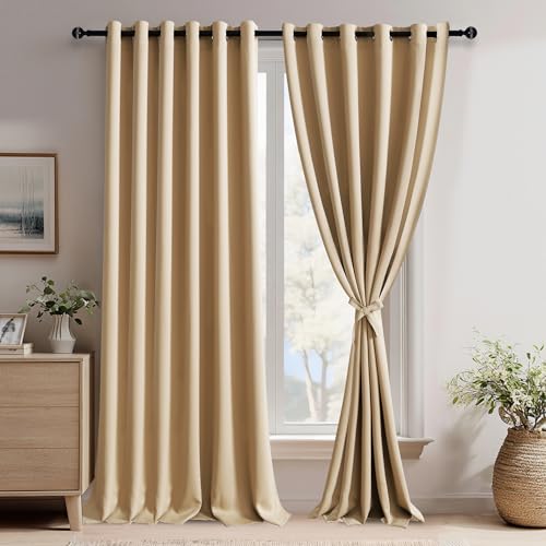 JIUZHEN Beige Blackout Curtains with Tiebacks - Light Blocking and Noise Reducing Grommet Curtains for Bedroom and Living Room, Set of 2 Window Curtain Panels, 70 x 96 Inch Length