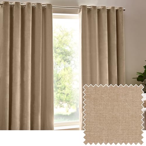 Yard Heavy Chenille Eyelet Curtain Pair – Lined Room Darkening, Soft Velvet Home Décor (Natural - Width 229 x Drop 137cm)