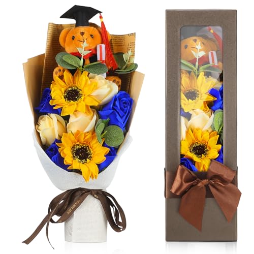 "Swiffen 13"" Graduation Rose Sunflower Scented Soap Flower Bouquet Graduation Artificial Flower Bouquet Mini Plush Graduation Bear Bouquet Floral Arrangements Gift Box for Graduation Party (Blue)"
