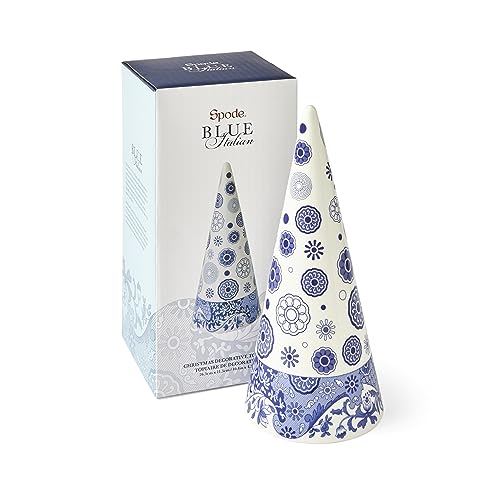 Spode Blue Italian Medium Decorative Cone Ornament - Christmas Topiary 10' Porcelain, Elegant Home Decor Accent for Tables, Mantels, Shelves, or Holiday Displays