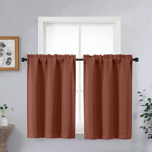 OVZME Kitchen Curtains for Small Window Treatment, Light Filtering Short Cafe Curtains Over Sink, Half Window Drapes Tier for Bedroom Bathroom Rod Pocket, 2x40Wx36L Inches, Terracotta