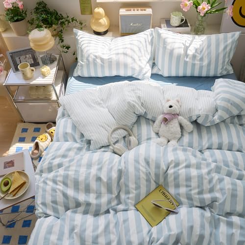 EAVD Duvet Cover King Size Blue Grey Striped Duvet Cover Set Soft Washed Microfiber Reversible Striped Bedding Set with 2 Pillowcases Modern Geometric Bedding Set with Zipper Closure