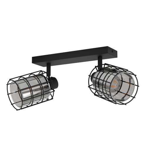 Eglo Ceiling Light Consaca, 2 lamp Industrial Lighting Made of Black Metal and Smoked Glass, Living Room spotlights, E27 Socket