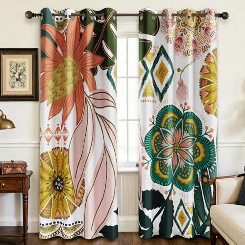 Tyrot Blackout Curtains, Boho Floral Pattern, 100% Lightproof, Eyelets, Living Room, Bedroom, Botanical, Thermal Insulated, Room Darkening, 2 Panels, W 52 x L 63 inches, H 132.1 x W 160 cm