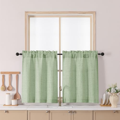 Chyhomenyc Short Curtains 30 Inch Length - Light Filtering Faux Linen Textured Small Window Kitchen Curtain Over Sink, Modern Cafe Drapes for Cabinet Bathroom Basement, 30Wx30L Inch, 2PCS, Sage Green