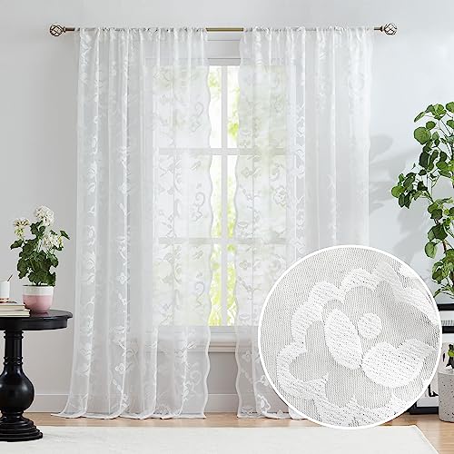"Jubilantex White Floral Lace Sheer Curtains with Decorative Scalloped Edge 63 Inches Long for Bedroom Living Room Girl's Room,Set of 2 Panels,52"" W"