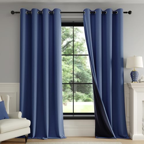FMFUNCTEX 100% Blackout Navy Blue Curtains 108 Inch Grommet Drapes 2 Panels - Black out Drapes, Thermal Insulated Noise Reducing, Textured Weave, Room Darkening, Window Curtain, for Living Room,Grommet