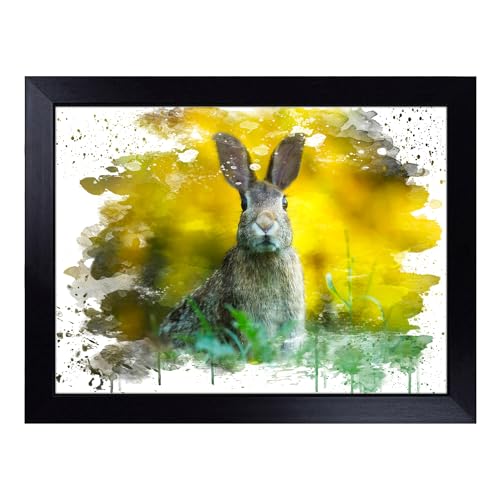 Lap Tray with Bean Bag Cushion, Rabbit Hare In A Meadow - Handmade in the UK, Raised Wooden Edge, Padded Cushion, Heat-Resistant Wipe-Clean Surface, for Meals, Laptops and Crafts