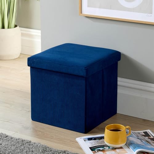 Home Source Folding Ottoman, Corduroy Fabric Storage Square Box, Blue