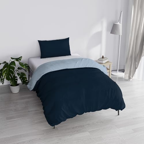 Italian Bed Linen Duvet Cover Set ???Natural Colour??? with Doubleface Solid Colour Bag Sheet and Pillowcase, Dark blue/Light blue, Single