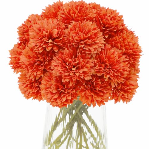 Kimura's Cabin 20Pcs Orange Chrysanthemums Artificial Flowers Marigolds Ball Flower with Stem Silk Fake Mums Fall Flowers for Autumn Home Table Centerpieces Day of The Dead Decor Halloween Arrangement