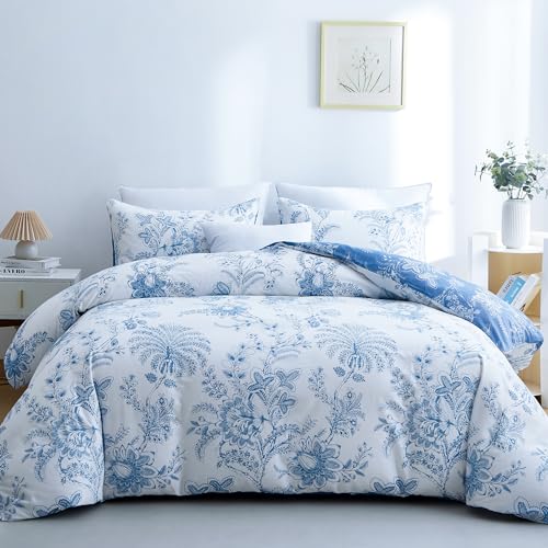 BOLINLIVING Floral Duvet Cover Full Size 3 Pieces, Flower Duvet Cover with 2 Pillow Shams, Soft Floral Bedding Set White and Blue for All Season, Breathable, Zipper Closure…