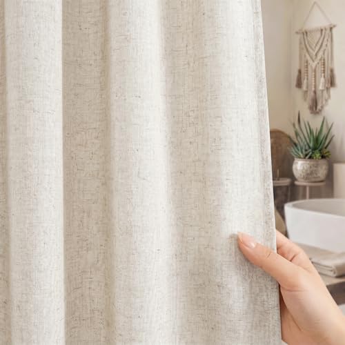 Seasonwood Beige Linen Shower Curtain Farmhouse Bathroom Decor 60x72 Inches - Boho Bathroom Decor,12 Sturdy Stainless Steel Sliding Hangers,Rustic Country Style,Linen Shower Curtains for Bathroom