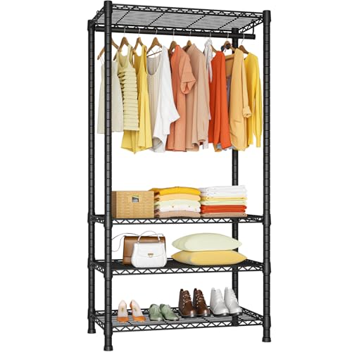 Ulif H2 Heavy Duty Clothes Rack, Freestanding 4 Tiers Garment Rack for Hanging Clothes with Shelves and Hangers, Closet Organizers and Storage Metal Closet Wardrobe System, Max Load 500 LBS, Black