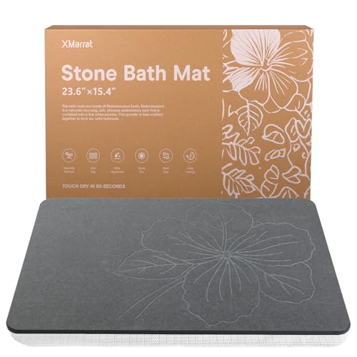 "XMarrat Diatomaceous Earth Stone Bath Mat for Bathroom, 23.6"" x15.4'' - Super Absorbent, Premium Fast-Drying Diatomite Bathmats, Non-Slip Base, Easy Clean for Shower Floor & Bathroom (Dark Gray)"