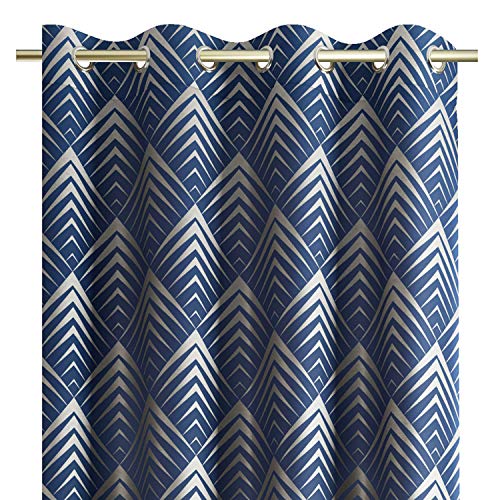 AmeliaHome Piramides Dark Blue 140 x 250 cm Metallic Floral Eyelet Curtain for Living Room