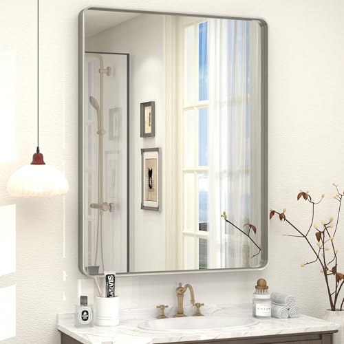 CHARMOR 26x36 Inch Silver Bathroom Mirror for Wall, Brushed Metal Framed Bathroom Vanity Mirror, Modern Brushed Nickel Rectangle Mirror, Anti-Rust. Shatterproof (Horizontal/Vertical)