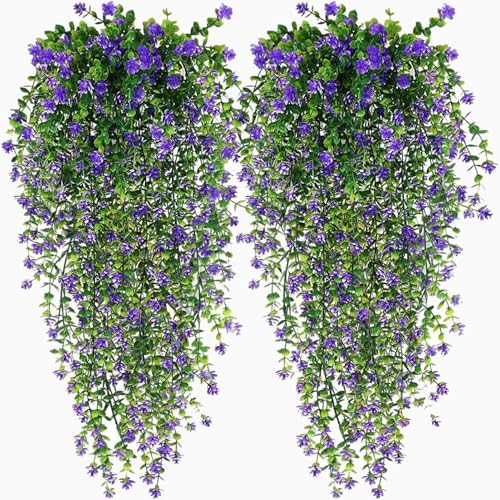 Toprooms Fake Hanging Plants,Artificial Hanging Plant Fake Plants Faux Ivy Vine Wall Hanging Plants Greenery Shelf Home Office Indoor Outdoor Decor (Purple, 4 Pcs)