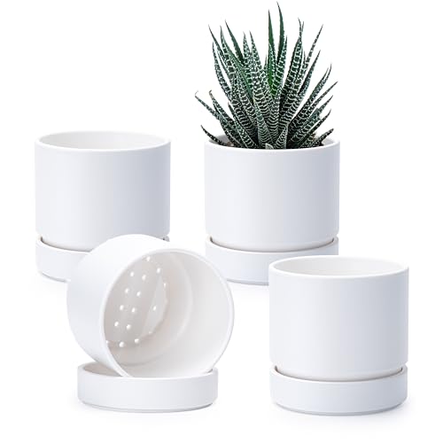 Phoenix Vine 4 Inch Planter Pot with Drainage Hole & Saucer, Deep Water Catch Tray, Straight Cylindrical Round Pot for Plants, Matte White, Pack of 4, 23-B-R-4