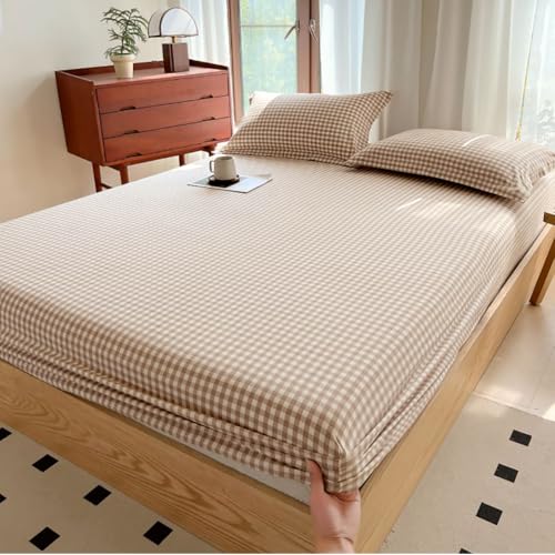 "Tan Gingham Fitted Sheet Twin 100% Washed Cotton Taupe Plaid Twin Bed Sheet Grid Single Bottom Sheet with 15"" Deep Pocket Gingham Bedding Grid Sheet 1 Piece Cotton Breathable Mattress Cover"