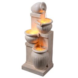 Teamson Home Garden Outdoor Water Feature Solar Powered 4-Tier Cascading Bowl Water Fountain With LED Lights Natural Finish