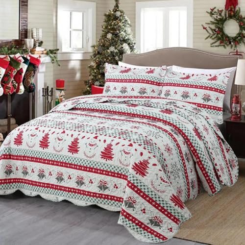 MarCielo 3 Piece Christmas Quilt Set, Rustic Lodge Deer Quilt Bedspread Throw Blanket Lightweight Bedspread Coverlet Comforter Set (Snowman, Queen)