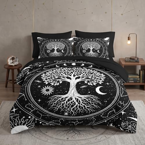 WeCozy 5 Pcs Twin Size Comforter Set with Pillowcase & Sham, Black Gothic Tree of Life Bedding Set for Kids and Adults, Nature Sun and Moon Bed in a Bag with Flat Sheet and Fitted Sheet