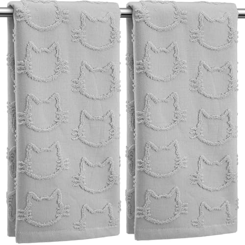 SmoothNovelty 2 Pcs Cat Hand Towels for Bathroom, Cute Gray Kitty Face Jacquard Weave 100% Cotton Absorbent Decorative Towels for Bathroom Kitchen Decor Gift, 13.7 x 29.5 Inch