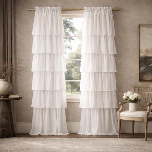 "Dainty Home Pleated Layer Curtains for Living Room and Bedroom White 84"" x 40"" Set of 2 Rod Pocket Header Curtains Long Curtain Panel Window Curtains"