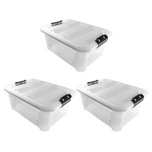 JVL Plastic Secure Clip Lidded Storage Box, Stackable & Nestable, Clear, Set of 3, 25L