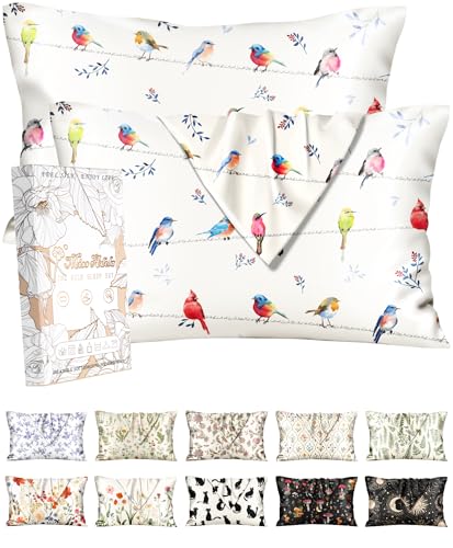 Miss Adola 2 Pack Silk Pillowcases - 20x26 Inch Standard Size Silk Pillow Cases with Hidden Zipper for Women Lady Smooth Soft Breathable Cooling Design Pillowcases for Hair and Skin, Watercolor Bird