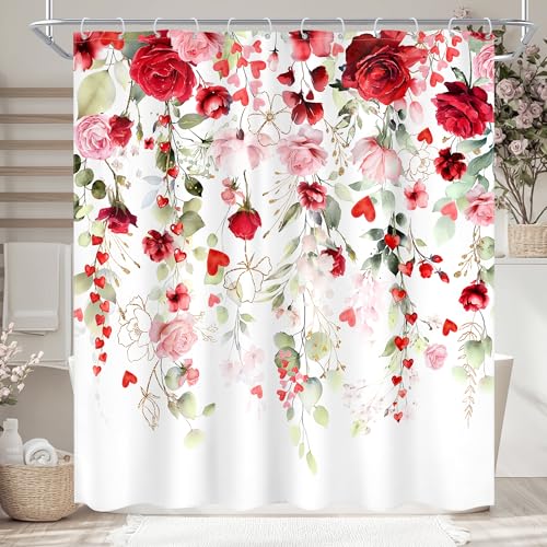 "Ufeela Mother Day Women Red Pink Rose Bathroom Shower Curtain Set - 72""W x 72""L Floral Watercolor design with waterproof HD artwork, quick-dry fabric and hooks for easy hanging."