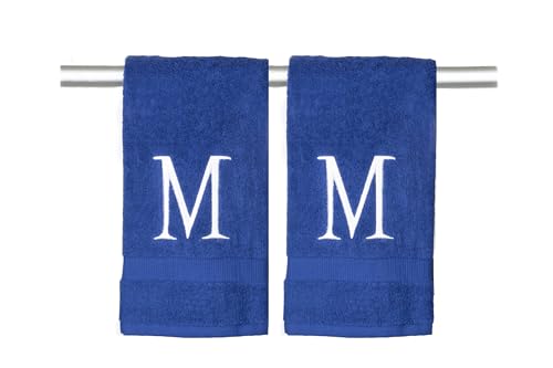Navy with White Monogrammed Hand Towels for Bathroom - Set of 2 Letter M - Luxury Hotel Quality Initial Towels For Powder Room, Spa, GOTS Organic Certified