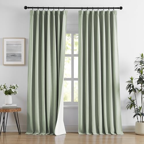 "Linen Pinch Pleated Curtains 84 Inches Length for Living Room Sage Green Blackout Curtain Panels with Hooks Rings Back Tab Neutral Boho Farmhouse Curtain Drapes for Bedroom Window 40""x84"" 2 Panels"