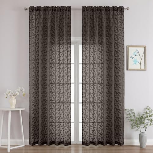 "Chyhomenyc Chocolate Sheer Curtains 96 Inch Length 2 Panels Set, Light Filtering Tufted Textured Soft Airy Rod Pocket Gentle Leaf Window Treatment Drapes for Bedroom Living Room, 52"" Wx96 L, 2PCS"