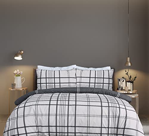Sleepdown 100% Pure Cotton Check Natural Black Reversible Duvet Cover Quilt Pillow Case Bedding Set Soft Easy Care - Single (135cm x 200cm)
