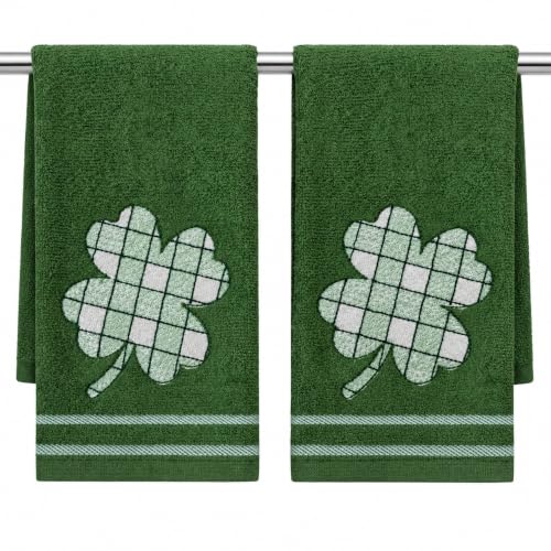 Serafina Home St. Patrick's Day Kitchen Hand Towels, 100% Cotton Embroidered Shamrock Design, Green Fingertip Towels with Plaid Clover Pattern, Set of 2, 12 x 18 Inches