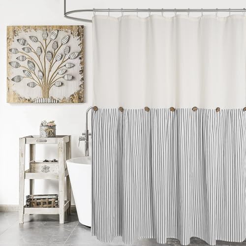 DOSLY ID??ES Farmhouse Shower Curtain,Beige and Black Striped,Button Curtain,Spa Waffle and Cotton Woven Fabric,Rustic Charm Country Chic Style,72x84 in