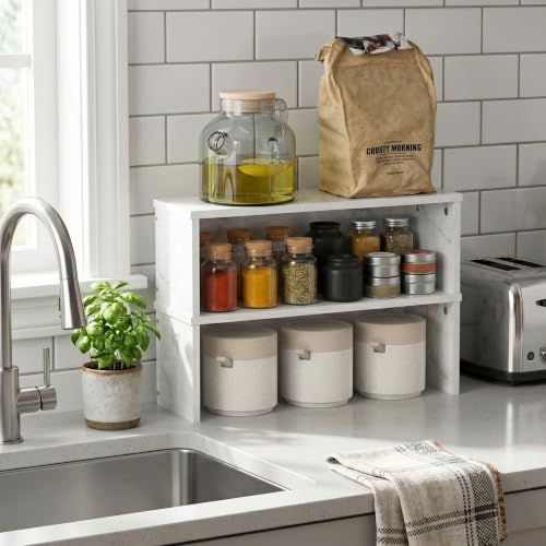 Furinno HELENA Kitchen Countertop Organizer Set of 2, 45.7cm Wide Kitchen Counter Shelves, Stackable Organizer Shelf, Spice Rack for Kitchen, Pantry, Coffee Bar, Marble White