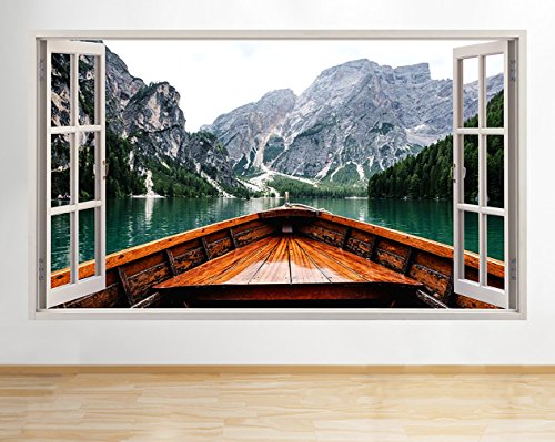 R889 Scenic Mountains Boat Nature Window Wall Decal 3D Art Stickers Vinyl RoomKids Bedroom Baby Nursery Cool Livingroom Hall Boys Girls