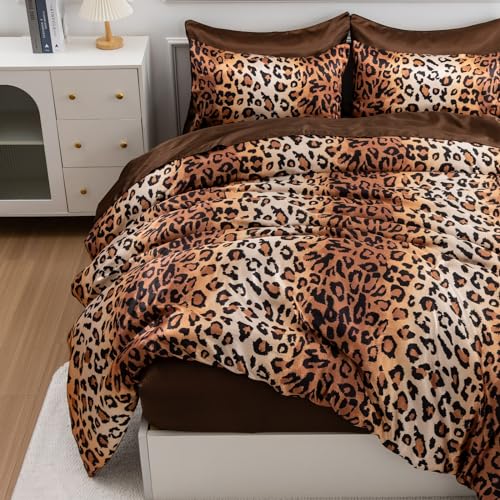 A Nice Night Leopard Printed，Satin Silky Soft Quilt Sexy Luxury Super Soft Microfiber Comforter Quilt Bedding Comforter Set Full/Queen, Light Weighted (Coffee, Queen(88-by-88-inches))