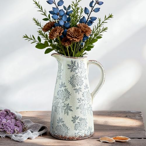 "Enra 12.2"" Blue and White Ceramic Vase with Handle ??? Handcrafted Large Chinoiserie Pitcher Vase for Fresh Flowers, Tall Decorative Vase for Living Room Focal Point, Bookshelf & Floor Accent"