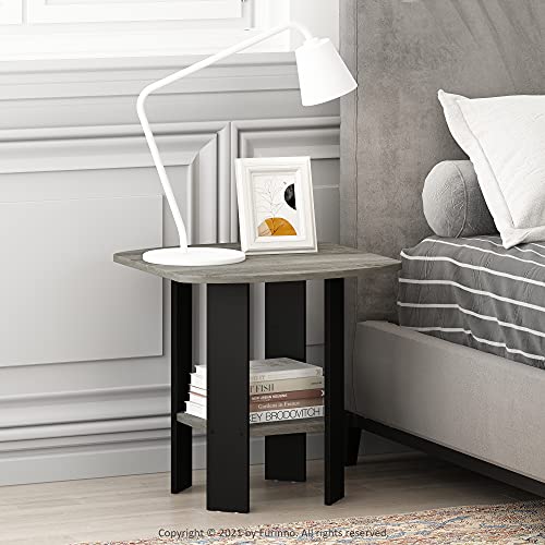 Furinno MODERN Grey Side Table, Round Corner End Table with 1-Tier Storage Shelf, Night Stand, Bedside Table, for Living Room, Bedroom, Grey Oak