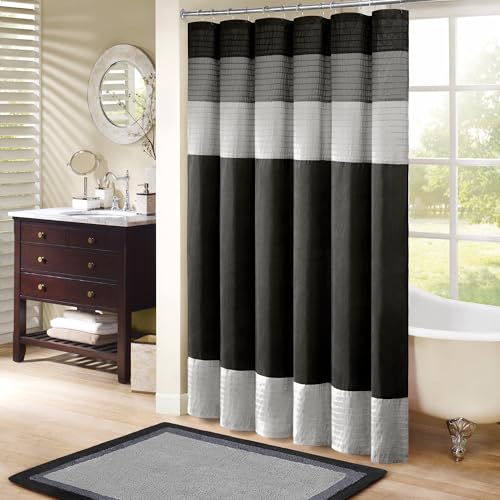 "Madison Park Bathroom Shower Faux Silk Pieced Striped Modern Microfiber Bath Curtains, Black, 72"" W x 72"" L (Pack of 1)"