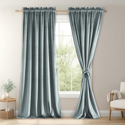 JIUZHEN Stone Blue Velvet Curtains Room Darkening & Noise Reducing Window Drapes for Bedroom, Luxury Rod Pocket Home Deco Window Curtain Panels, Set of 2, 52 x 90 inches